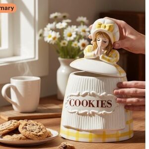 Vintage Kitchen Prayer Girl in Bonnet Yellow Gingham Dress Cookie Jar